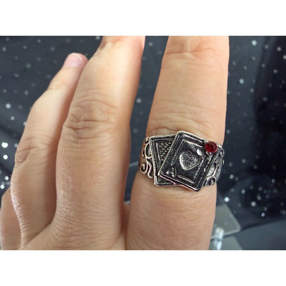 Playing Cards Ring Size 7.5, Silver Tone Ace Card Statement Ring